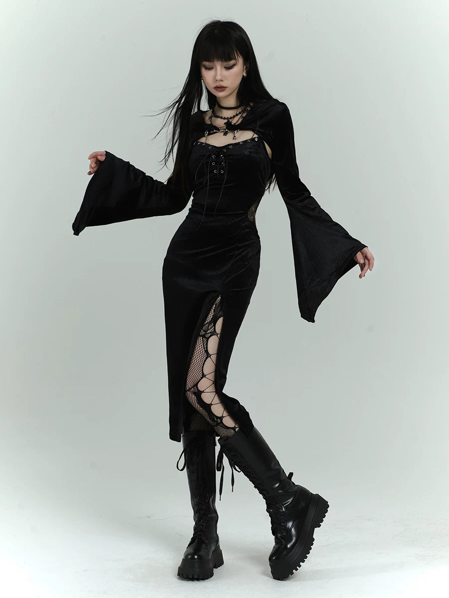 Black Velvet Gothic Dress for Women – Long Sleeve A-Line Dress