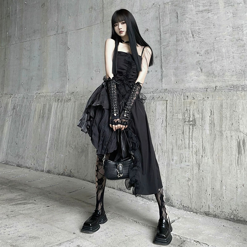 Black Gothic Asymmetrical Suspender Mini Dress for Women – Sleeveless A-Line Dress