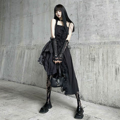Black Gothic Asymmetrical Suspender Mini Dress for Women – Sleeveless A-Line Dress