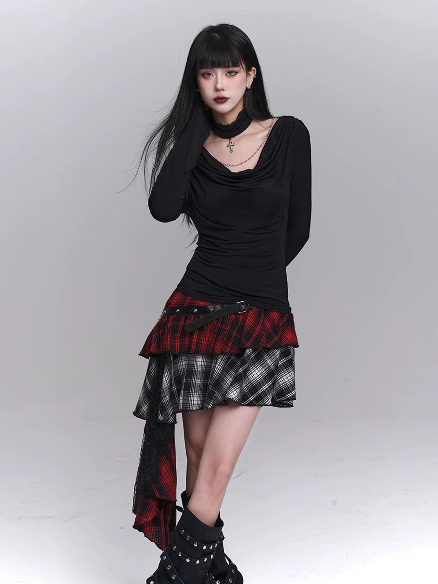 Plaid Asymmetrical Mini Skirt for Women – Gothic-Inspired A-Line Skirt