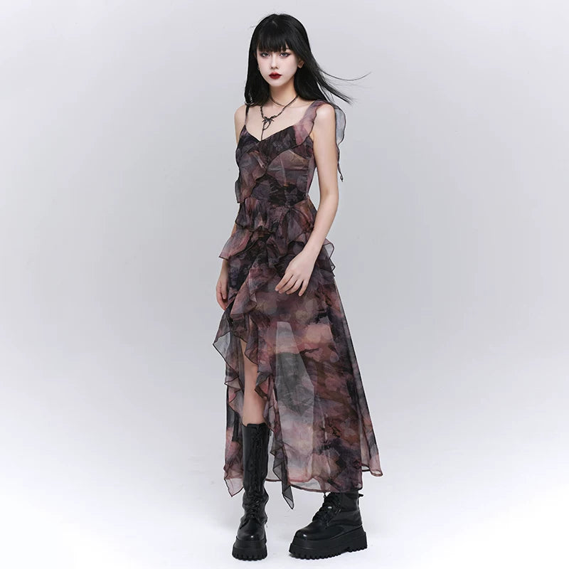 Purple Asymmetrical Suspender Maxi Dress for Women – Gothic-Inspired A-Line Dress