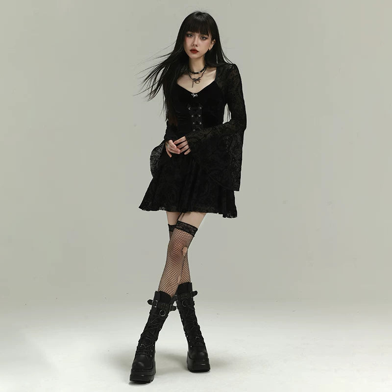 Women’s Black Gothic Midi Dress – Retro Style A-Line Dress for Parties