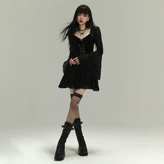 Women’s Black Gothic Midi Dress – Retro Style A-Line Dress for Parties