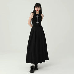 Women’s Black Suspender Maxi Dress – Gothic Style A-Line Long Dress