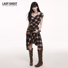 Plaid One-Shoulder Mini Dress for Women – Asymmetrical Sleeveless Dress