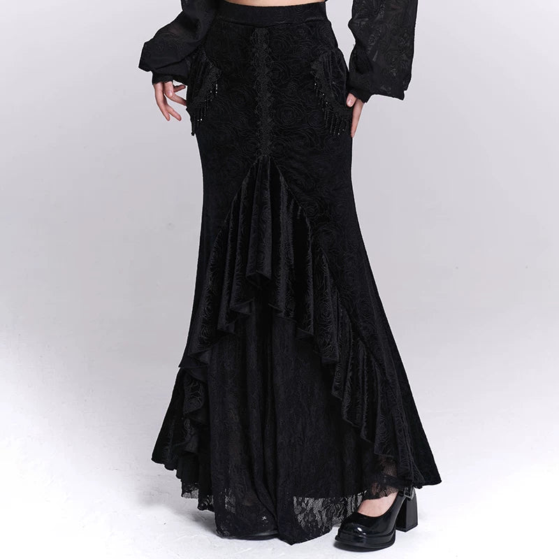 Women’s Black Velvet Midi Skirt – Fishtail Mermaid Hem Skirt