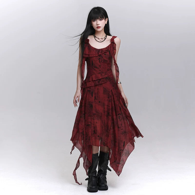 Red Suspender Maxi Dress for Women – Gothic-Inspired A-Line Summer Dress