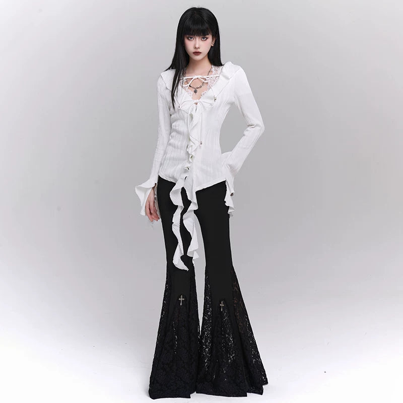 Women’s Black High-Waisted Flared Pants with Cross Detail – Gothic Style Wide Leg Trousers