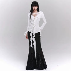 Women’s Black High-Waisted Flared Pants with Cross Detail – Gothic Style Wide Leg Trousers