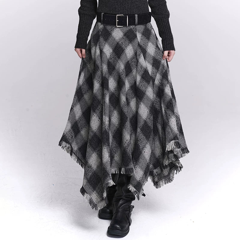 Women’s Black & Gray Plaid Cotton Linen Maxi Skirt – A-Line Long Skirt