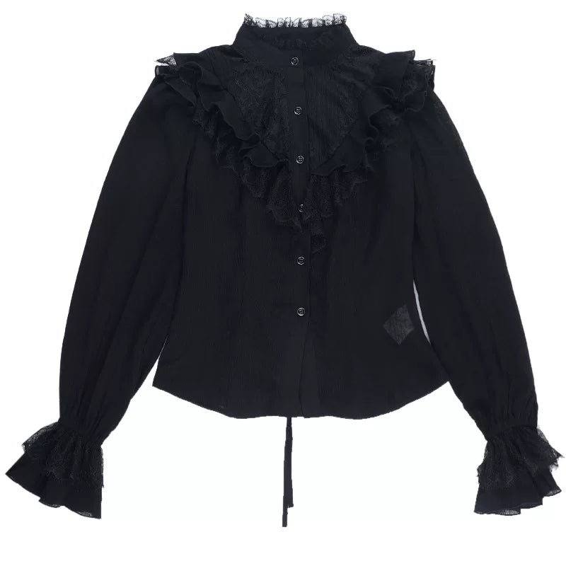 Women’s Black Long Sleeve Blouse – Gothic Style Structured Top