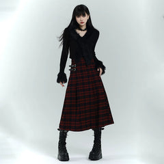 Black and Red Plaid Maxi Skirt for Women – Gothic-Inspired A-Line Skirt