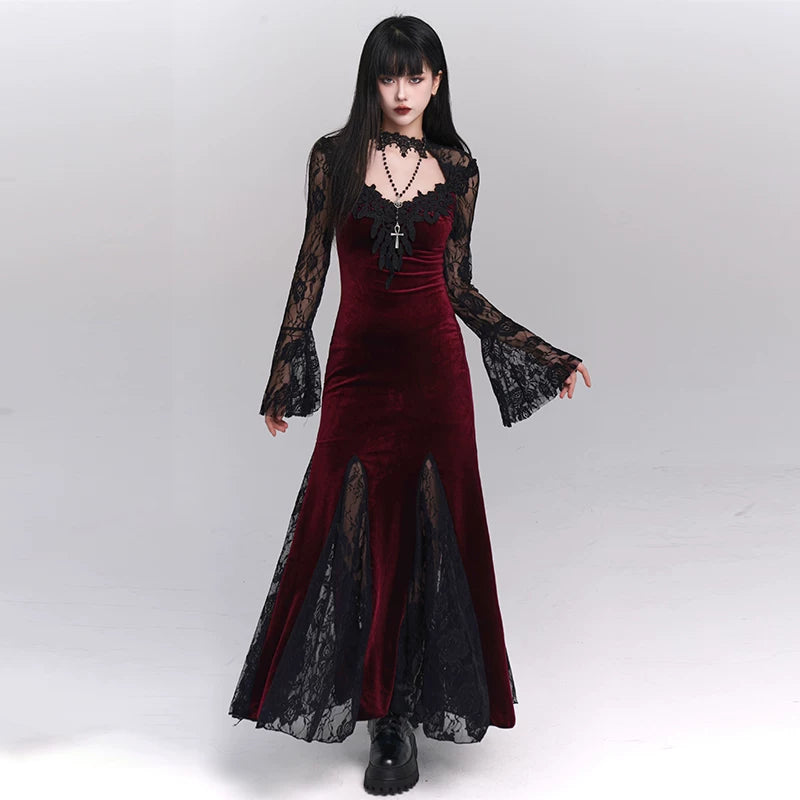 Red Gothic A-Line Maxi Dress for Women – Elegant Long Sleeve Dress