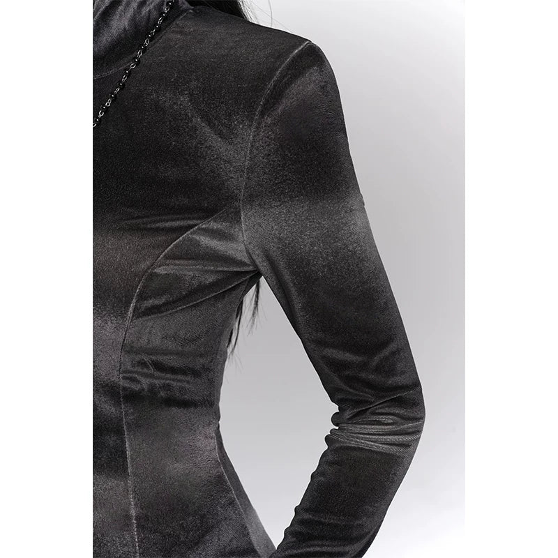 Gray Velvet Midi Dress for Women – Long Sleeve Gothic-Inspired Fall Dress