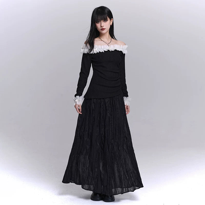 Women’s Black Pleated Lace Panel Maxi Skirt – A-Line Long Skirt