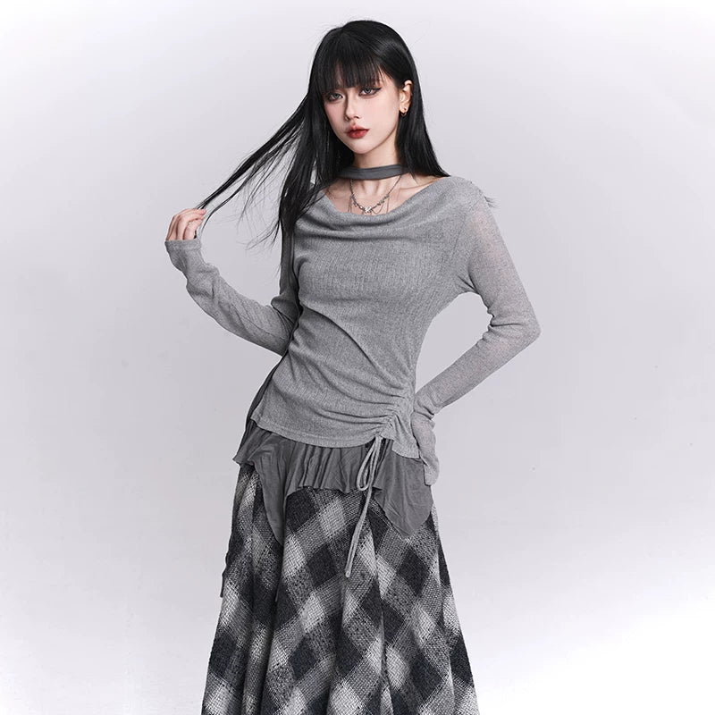 Women’s Black Faux Two-Piece Top – Layered Design Long Sleeve Blouse