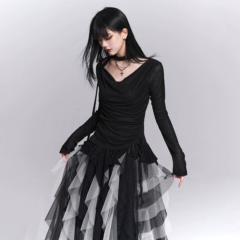 Women’s Black Faux Two-Piece Top – Layered Design Long Sleeve Blouse