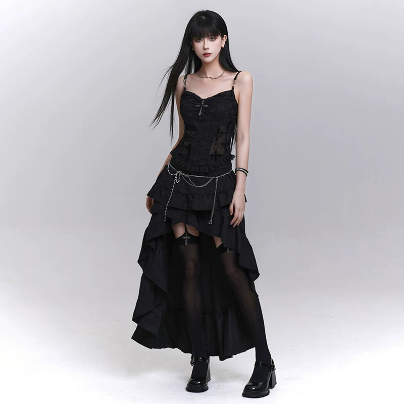 Black Asymmetrical Maxi Skirt for Women – Gothic-Inspired Long Skirt