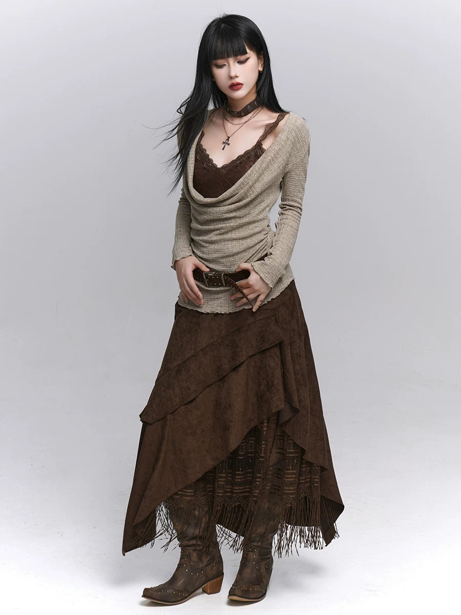 Suede Brown A-Line Maxi Skirt Set for Women – Long Sleeve Blouse, Vintage-Inspired Dark Academia Outfit