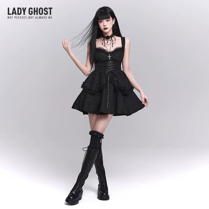 Women’s Black Suspender Puff Midi Dress – Gothic Style A-Line Dress