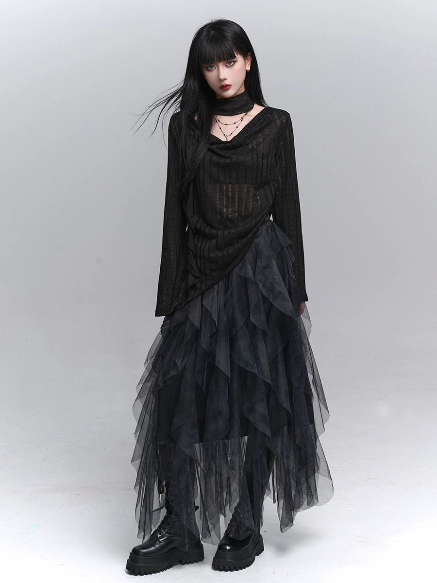 Women’s Black Long Sleeve Blouse with Cut-Out Detail – Lightweight Swing Collar Top for Fall