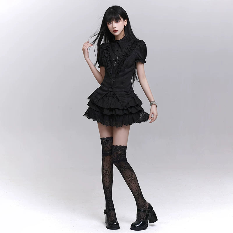 Black Tiered Mini Skirt for Women – Gothic-Inspired High-Waisted Ruffle Skirt