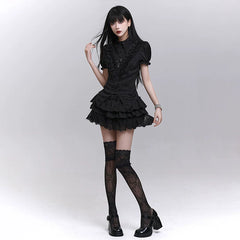 Black Tiered Mini Skirt for Women – Gothic-Inspired High-Waisted Ruffle Skirt