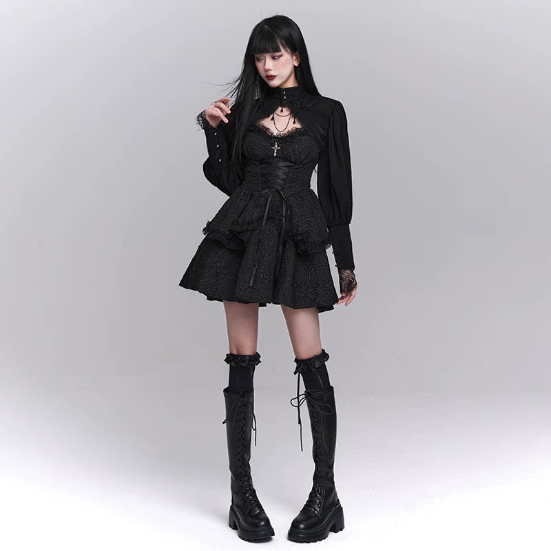 Women’s Black Suspender Puff Midi Dress – Gothic Style A-Line Dress