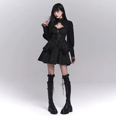 Women’s Black Suspender Puff Midi Dress – Gothic Style A-Line Dress