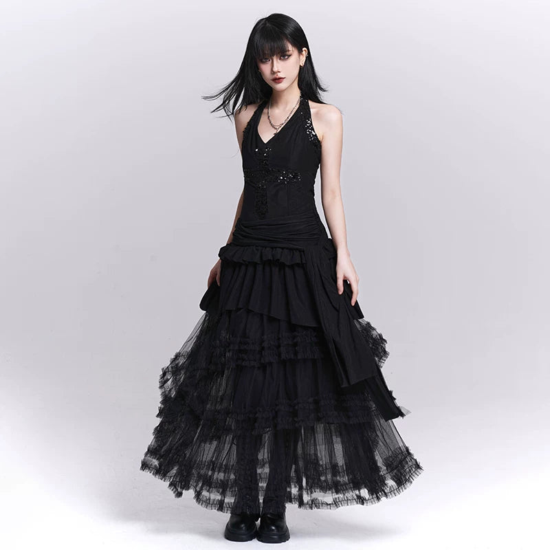 Women’s Black Mesh Maxi Skirt – Tiered Asymmetrical Long Skirt