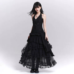 Women’s Black Mesh Maxi Skirt – Tiered Asymmetrical Long Skirt