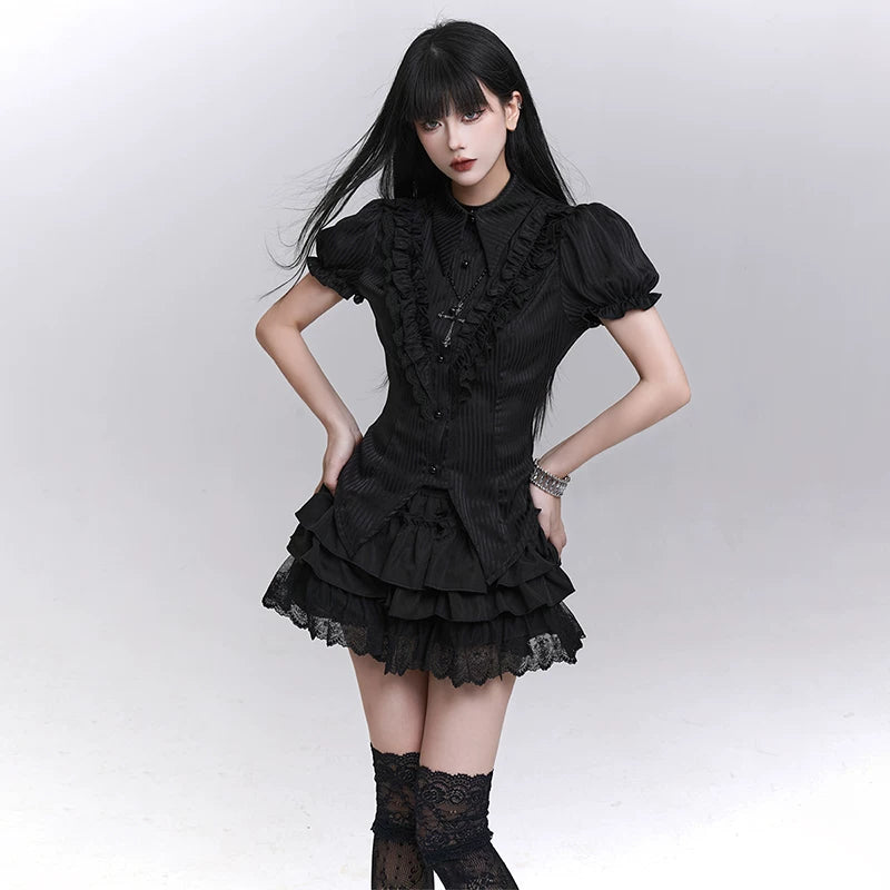 Women’s Black Puff Sleeve Short Sleeve Top – Gothic Style for Summer
