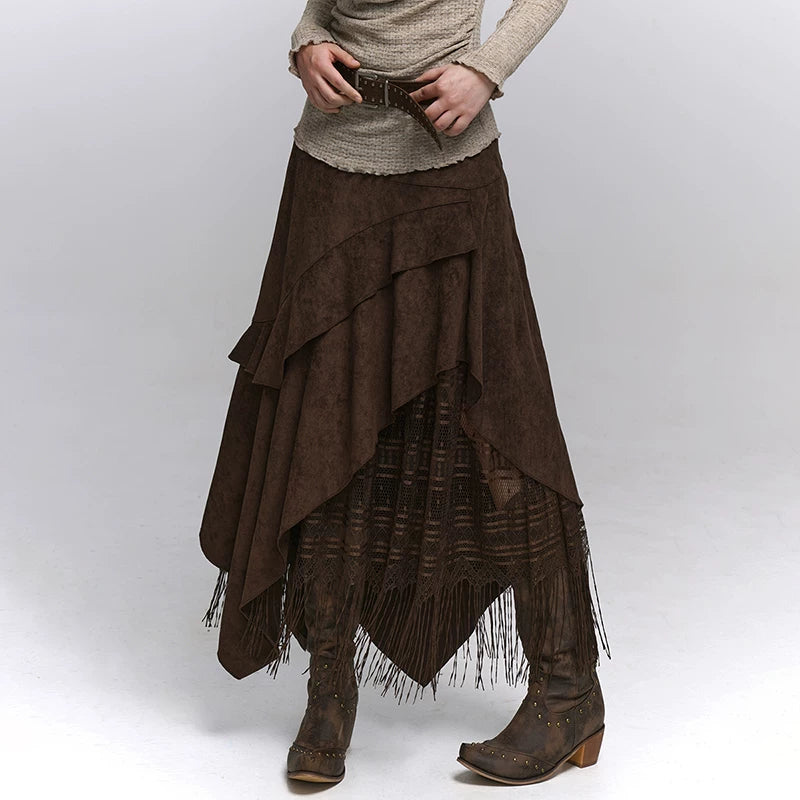 Suede Brown A-Line Maxi Skirt Set for Women – Long Sleeve Blouse, Vintage-Inspired Dark Academia Outfit