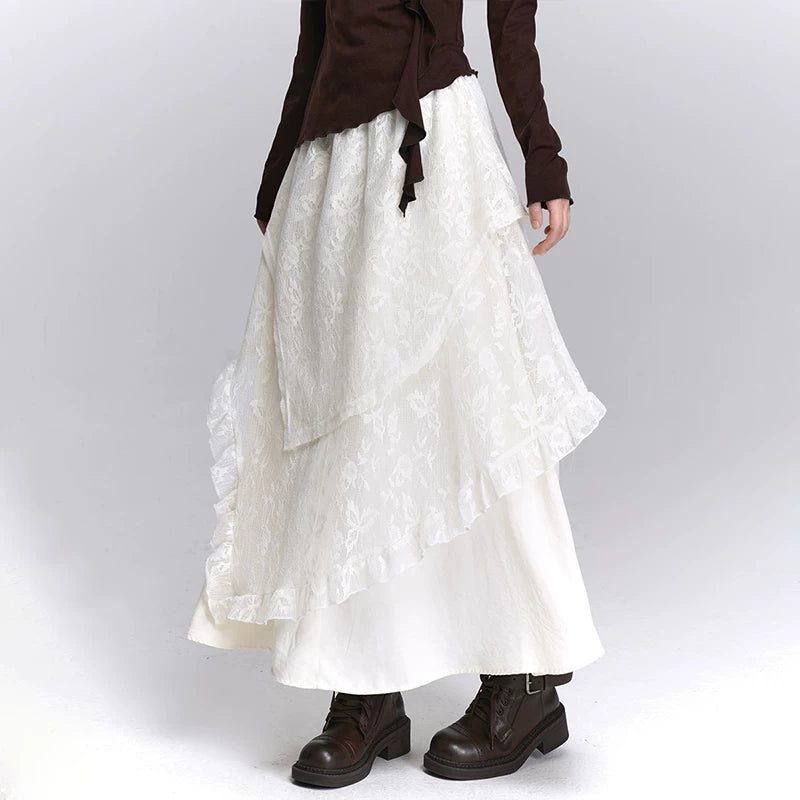 Brown High-Waisted Lace Maxi Skirt for Women – Layered A-Line Long Skirt