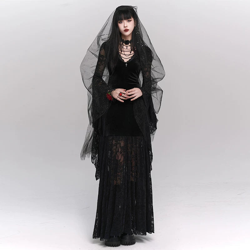 Black Gothic Maxi Dress for Women – Medieval-Inspired Long Sleeve Dress