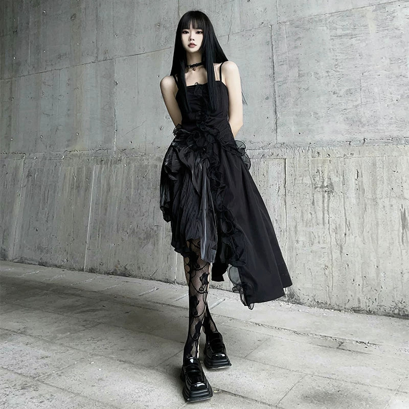 Black Gothic Asymmetrical Suspender Mini Dress for Women – Sleeveless A-Line Dress