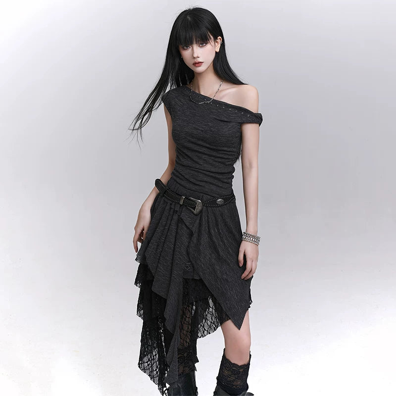 Black One-Shoulder Mini Dress for Women – Gothic-Inspired Asymmetrical Dress