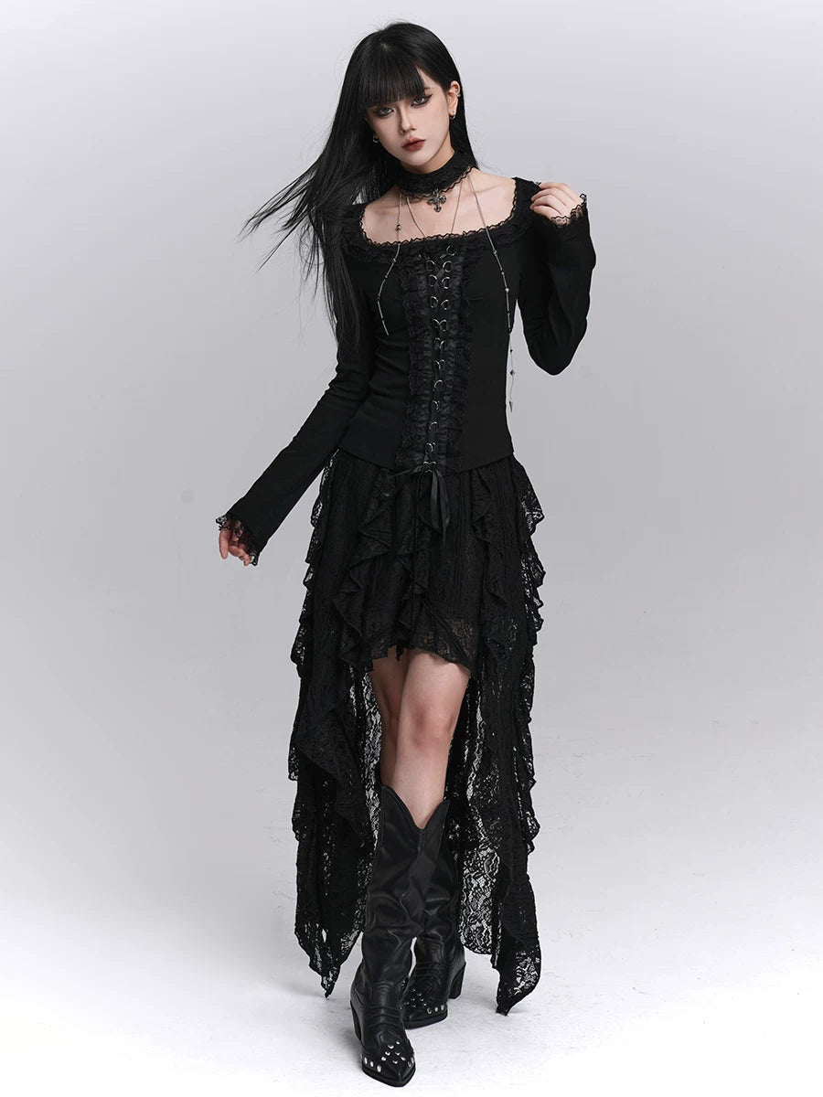 Black Fitted Gothic Long Sleeve Top for Women – Base Layer Top