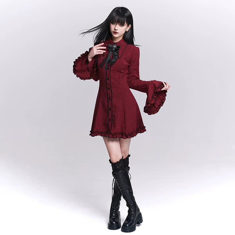 Women’s Red Plaid Shirt Dress – Bell Sleeve A-Line Mini Dress