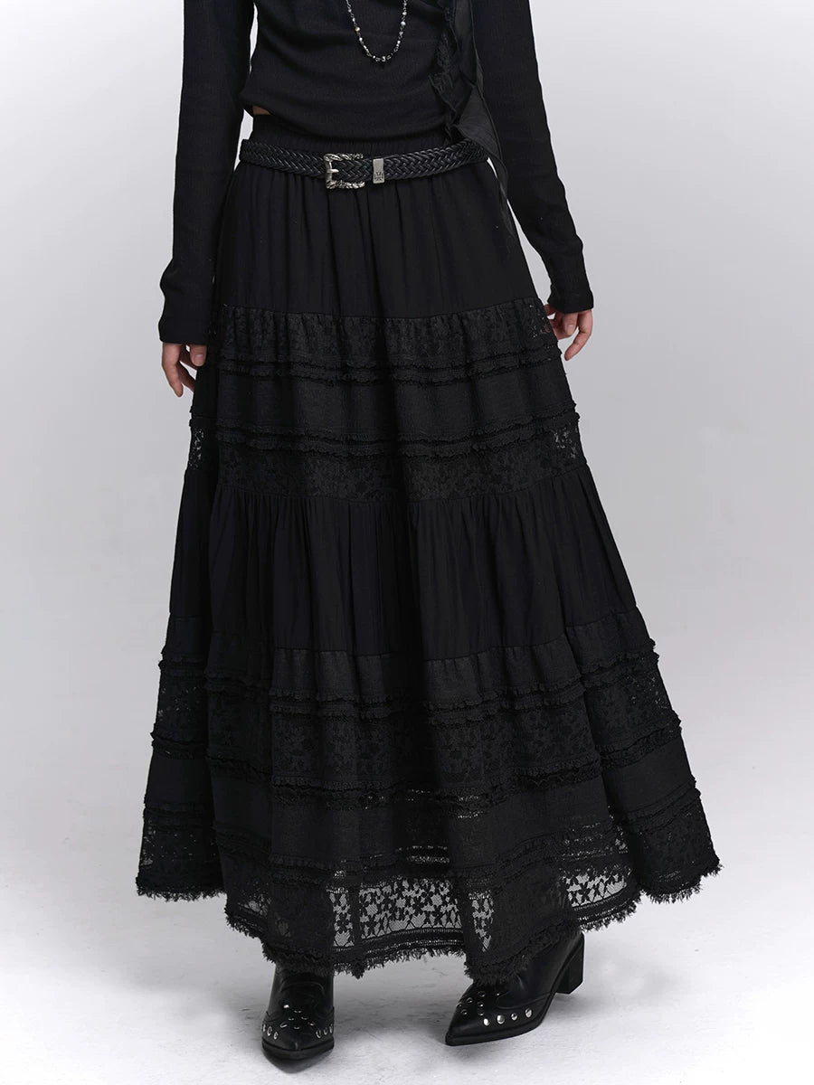 Black Lace A-Line Maxi Skirt for Women – High-Waisted Skirt