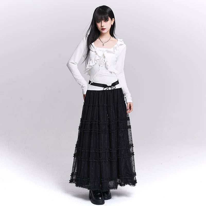 Women’s Black Lace Mesh Maxi Skirt – A-Line Long Skirt