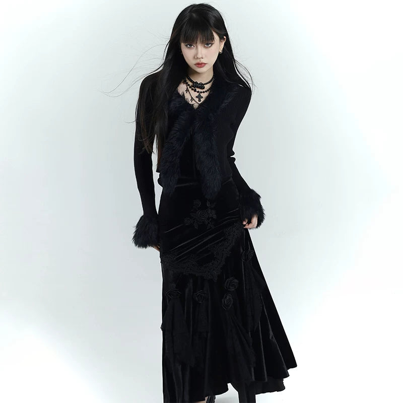 Black Velvet Mermaid Skirt for Women – Gothic-Inspired Maxi Skirt