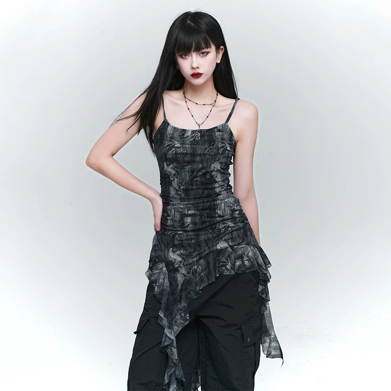 Black Ruffled Camisole Top for Women – Sleeveless Asymmetrical Hem Top