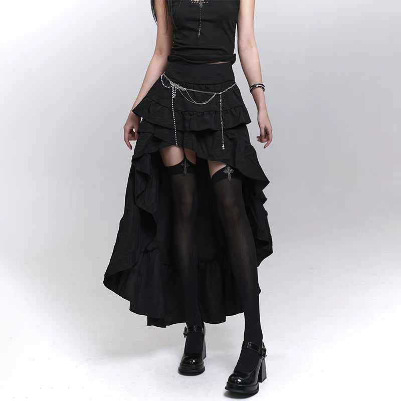 Black Asymmetrical Maxi Skirt for Women – Gothic-Inspired Long Skirt