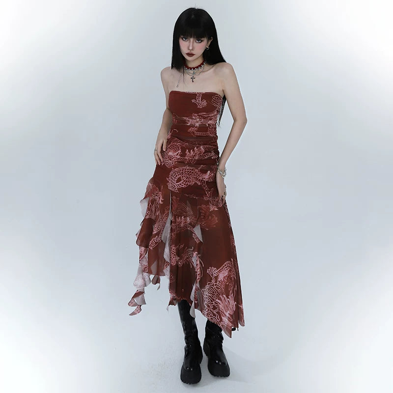 Red Asymmetrical Suspender Maxi Dress for Women – Gothic-Inspired A-Line Dress