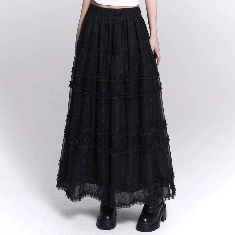 Women’s Black Lace Mesh Maxi Skirt – A-Line Long Skirt