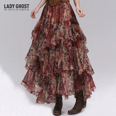 Women’s Red Floral Maxi Skirt – Tiered A-Line Long Skirt