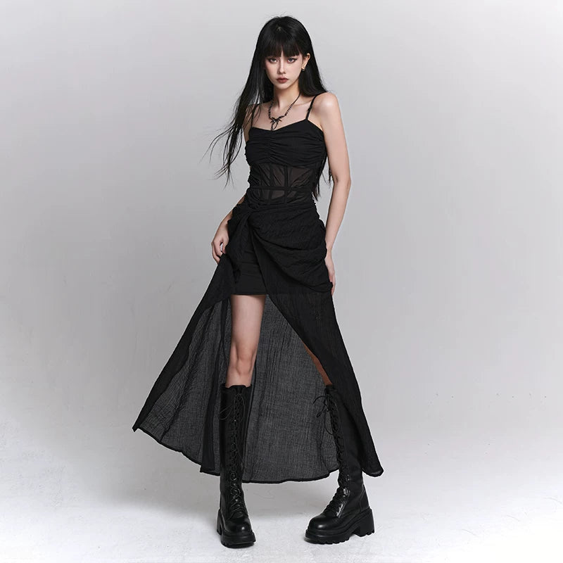 Black Suspender Maxi Dress for Women – Gothic-Inspired A-Line Long Dress
