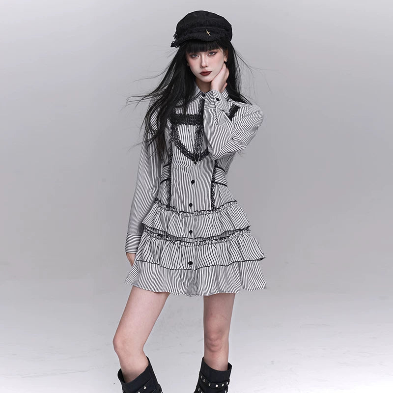 Striped Gothic Shirt Mini Dress for Women – Long Sleeve Button-Up Dress