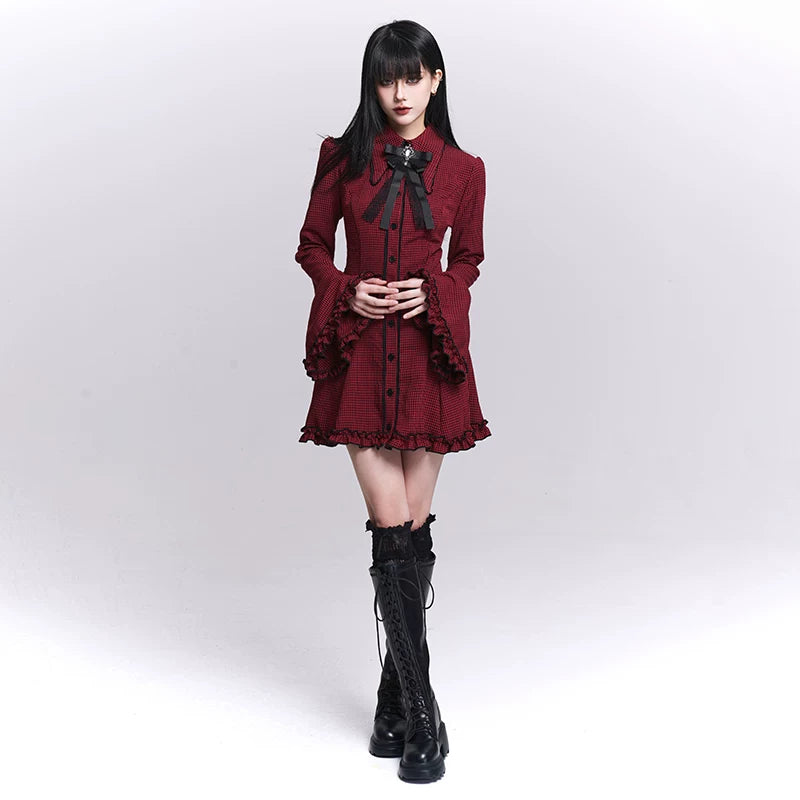 Women’s Red Plaid Shirt Dress – Bell Sleeve A-Line Mini Dress